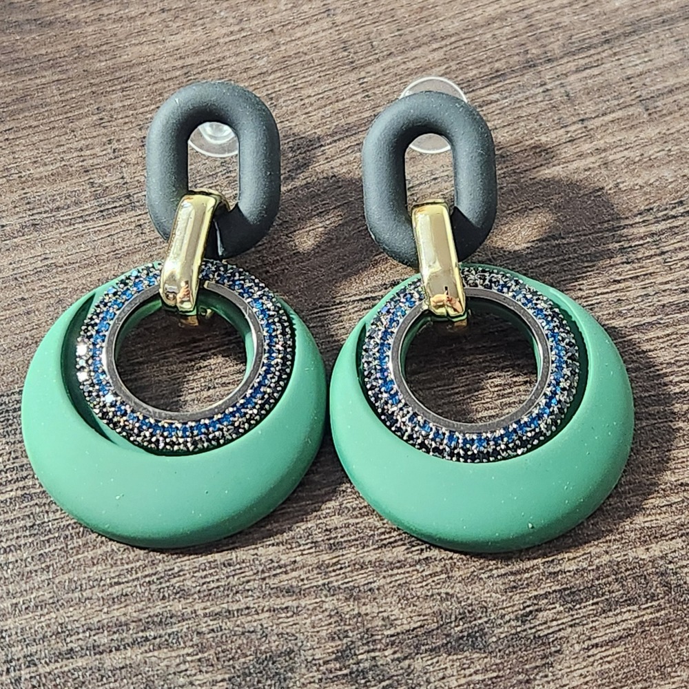 Green Matte Geometric Drop Earrings with Blue Pavé Crystals Gold Tone Post 2.0"